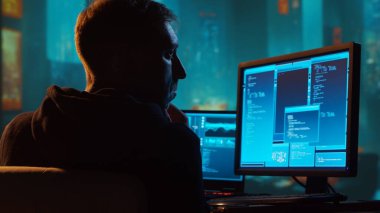 Kapüşonlu Bilgisayar Korsanı. Karanlık Surat. Hacker Attack, Virüs bulaşmış yazılım, Dark Web ve Siber Güvenlik Konsepti.