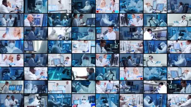 研究和实验室工作的概念 不同的人在现代科学实验室工作 教授和实验室助理进行医学 纳米技术和微电子研究 — 图库视频影像