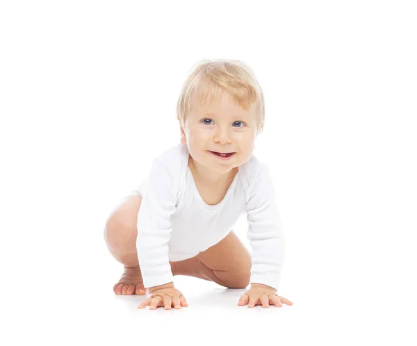 スタジオで小さな 幸せと笑顔かわいい赤ちゃん 1歳の赤ん坊の肖像画 隔離された白い背景 幸福の概念 — ストック写真