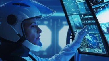 Yörünge istasyonunda uzay giysileri içinde bir astronot ekibi. Uzay gemisine pilotluk eden bir kozmonot mürettebatı. Uzayda kadın ve erkek. Galaktik seyahat ve bilim konsepti.