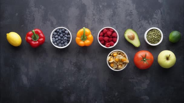 Υγιή Διατροφικά Συστατικά Φρέσκα Λαχανικά Φρούτα Και Superfood Διατροφή Δίαιτα — Αρχείο Βίντεο