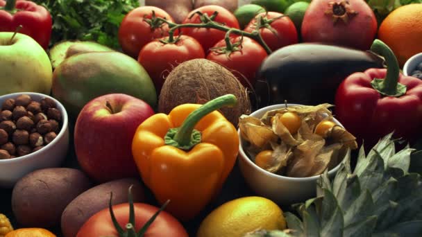 Υγιή Διατροφικά Συστατικά Φρέσκα Λαχανικά Φρούτα Και Superfood Διατροφή Διατροφή — Αρχείο Βίντεο