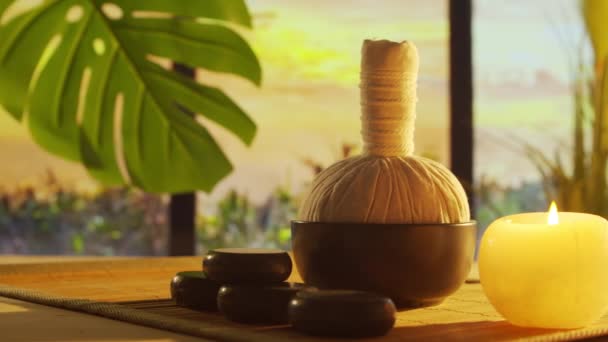 Spa Background Candles Flowers Massaging Stones Herbal Balls Concept Massage — Vídeo de Stock