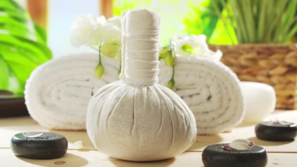 Spa Background Candles Flowers Massaging Stones Herbal Balls Concept Massage — Video