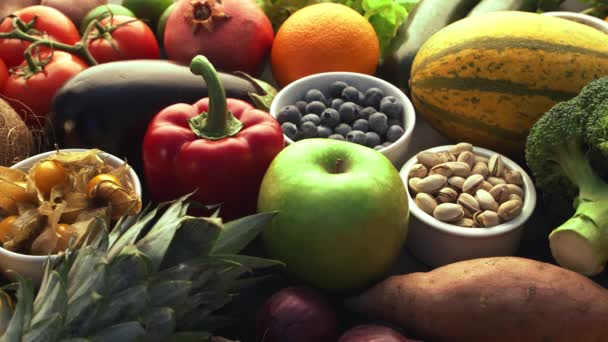 Υγιή Διατροφικά Συστατικά Φρέσκα Λαχανικά Φρούτα Και Superfood Διατροφή Διατροφή — Αρχείο Βίντεο