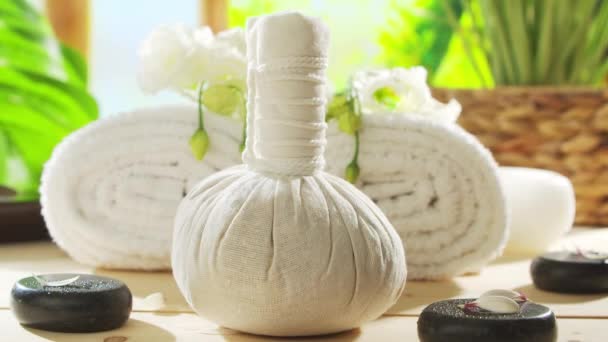 Spa Background Candles Flowers Massaging Stones Herbal Balls Concept Massage — Video