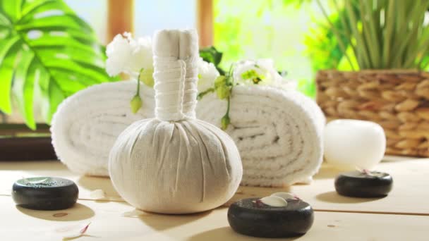 Spa Background Candles Flowers Massaging Stones Herbal Balls Concept Massage — Vídeo de Stock