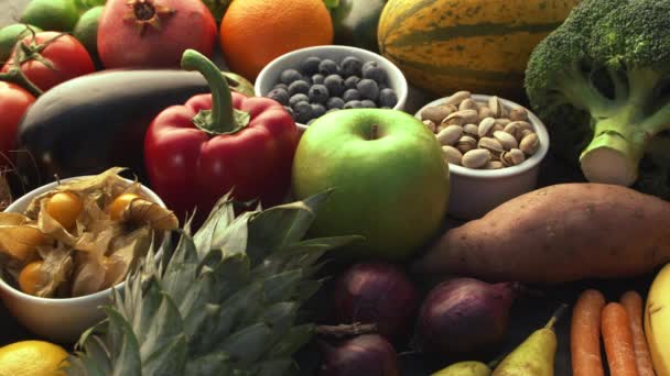 Здорове Харчування Свіжі Овочі Фрукти Суперпродукти Харчування Дієта Веганська Їжа — стокове відео