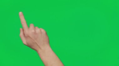 Male hand touching, clicking, tapping, sliding and swiping on chroma key green screen background. Different signs and gestures with fingers. Gestures pack. Using a smartphone, tablet or a touchscreen