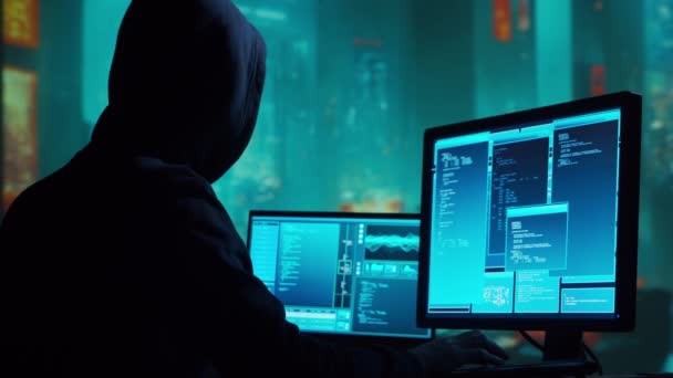 Computer Hacker Hoodie Dækket Mørkt Ansigt Begrebet Hacker Attack Virus – Stock-video
