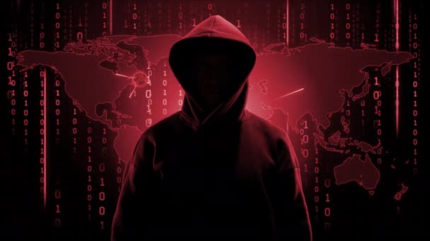 胡迪电脑黑客的肖像 黑漆漆的脸数据盗窃 互联网诈骗 暗网和网络安全的概念 — 图库视频影像