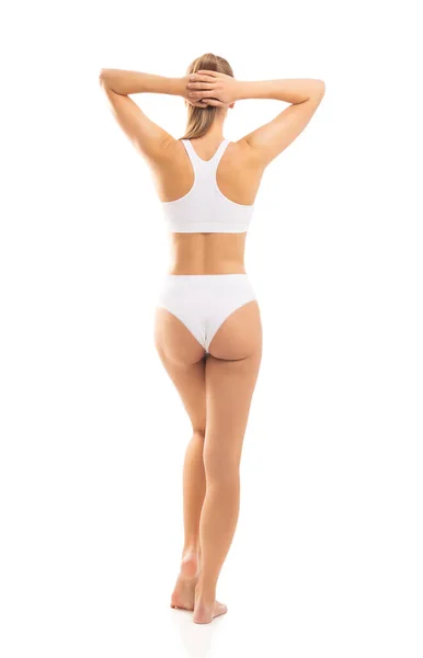 Young Fit Beautiful Blond Woman White Swimsuit Isolated Grey Background — Foto Stock