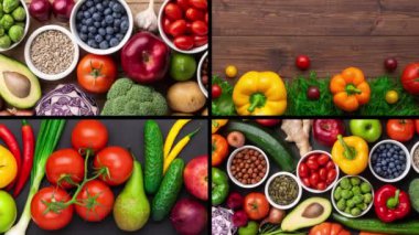 Sağlıklı yiyecekler: taze sebzeler, meyveler ve süper yiyecekler. Beslenme, diyet, vejetaryen gıda konsepti. Somut arkaplan