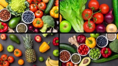 Sağlıklı yiyecekler: taze sebzeler, meyveler ve süper yiyecekler. Beslenme, diyet, vejetaryen gıda konsepti. Somut arkaplan