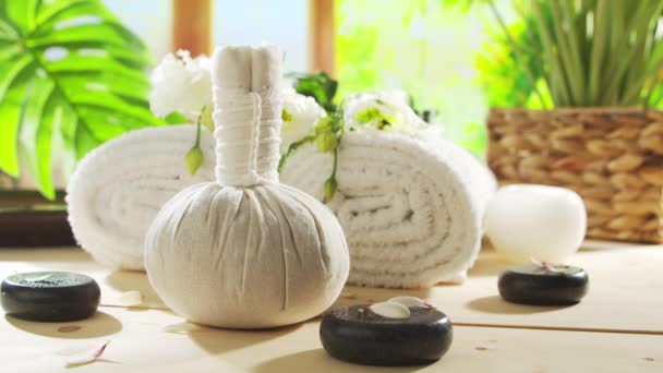 Spa Background Candles Flowers Massaging Stones Herbal Balls Concept Massage — Stock video