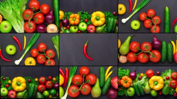 健康饮食配料 新鲜蔬菜 水果和超级食品 素食概念 具体背景 — 图库视频影像