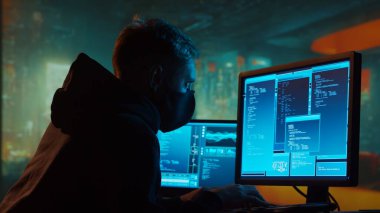 Kapüşonlu Bilgisayar Korsanı. Karanlık Surat. Hacker Attack, Virüs bulaşmış yazılım, Dark Web ve Siber Güvenlik Konsepti.