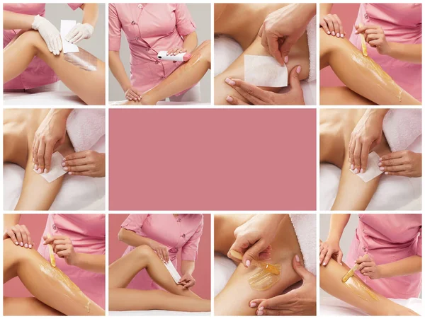 Beautician is removing hair from young and beautiful female armpits with hot wax. Woman has a beauty treament procedure. The concept of depilation, epilation, skin and health care. Set collage.