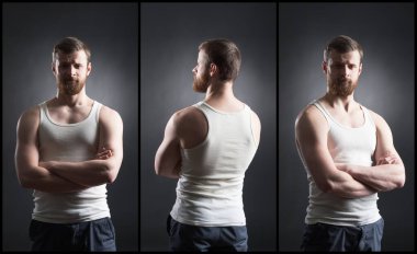 Strong, handsome and bearded man in sleeveless shirt over black background. Set collage.