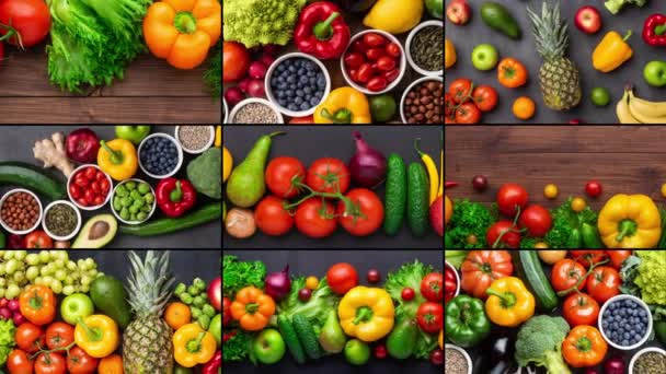 Zdravé Stravovací Přísady Čerstvá Zelenina Ovoce Superpotraviny Výživa Strava Veganská — Stock video