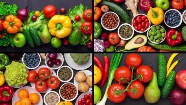 Bahan Makanan Sehat Sayuran Segar Buah Buahan Dan Makanan Super — Stok Video