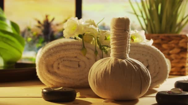 Spa Background Candles Flowers Massaging Stones Herbal Balls Concept Massage — Video Stock