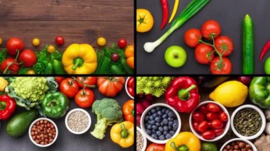 Sağlıklı yiyecekler: taze sebzeler, meyveler ve süper yiyecekler. Beslenme, diyet, vejetaryen gıda konsepti. Somut arkaplan