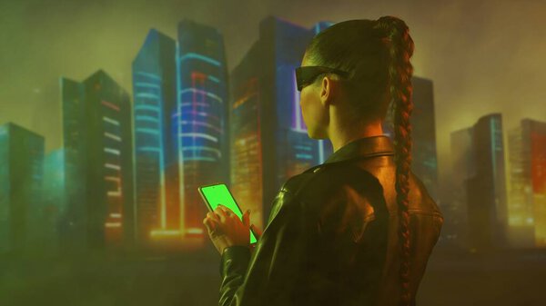 Portrait of cyberpunk girl. Beautiful young woman on the background of city scyscrapers. Futuristic concept.