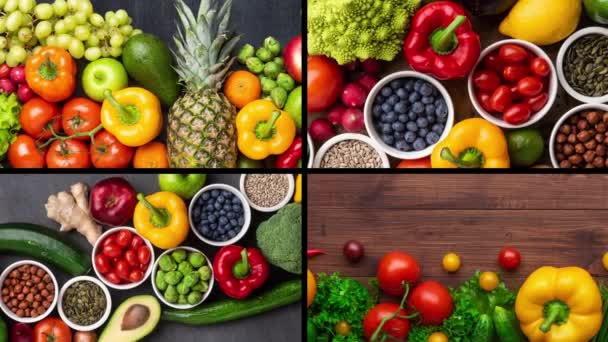 Здорове Харчування Свіжі Овочі Фрукти Суперпродукти Харчування Дієта Концепція Вегетаріанської — стокове відео