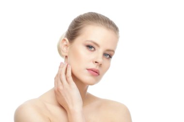 Close-up portrait of beautiful, fresh, healthy and sensual girl over isolated white background