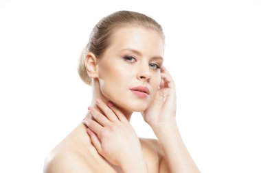 Close-up portrait of beautiful, fresh, healthy and sensual girl over isolated white background
