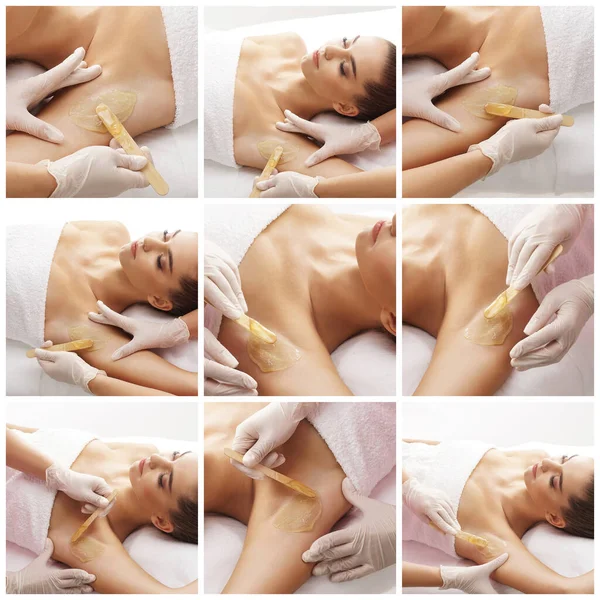 Beautician Removing Hair Young Beautiful Female Armpits Hot Wax Woman — Stock Photo, Image