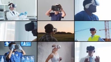 Different people are using modern virtual and augmented reality technologies for work, education and entertainment. The concept of vr technology.