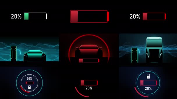 Sziluett Futurisztikus Elektromos Sport Autó Töltés Erőmű Akkumulátor Kijelzője Energiaszintet — Stock videók