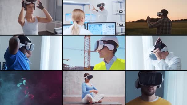 Different People Using Modern Virtual Augmented Reality Technologies Work Education — Vídeo de Stock