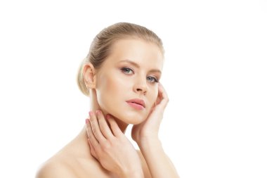 Close-up portrait of beautiful, fresh, healthy and sensual girl over isolated white background