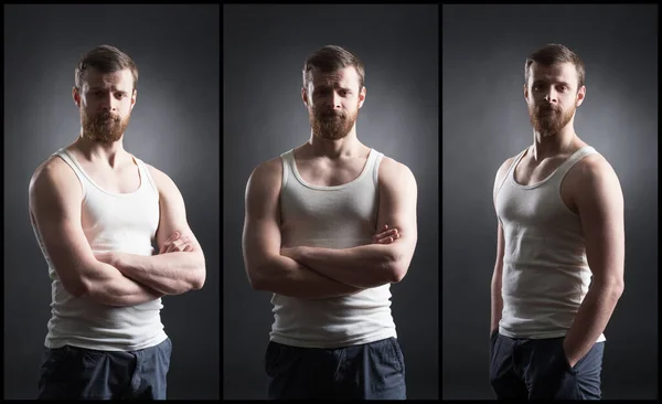 Strong Handsome Bearded Man Sleeveless Shirt Black Background Set Collage — Foto de Stock