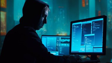 Kapüşonlu Bilgisayar Korsanı. Karanlık Surat. Hacker Attack, Virüs bulaşmış yazılım, Dark Web ve Siber Güvenlik Konsepti.