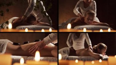 Young, healthy and beautiful woman gets massage therapy in the spa salon collage. Healthy lifestyle, recreation and body care concept.