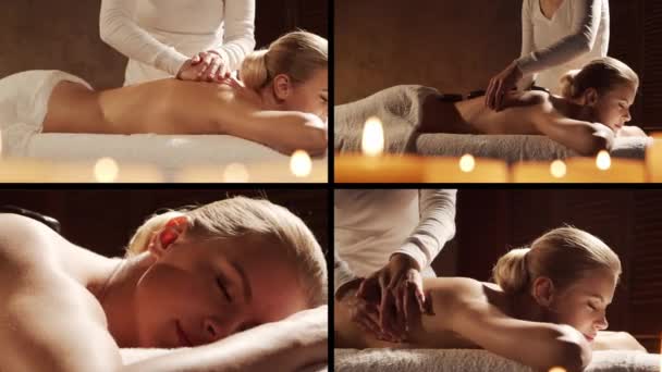 Young Healthy Beautiful Woman Gets Massage Therapy Spa Salon Collage — Vídeo de stock