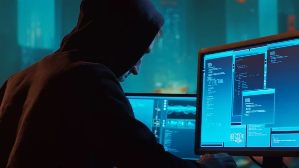 Computer Hacker Kapuzenpulli Dunkles Gesicht Hackerangriff Virus Infizierte Software Dark — Stockfoto