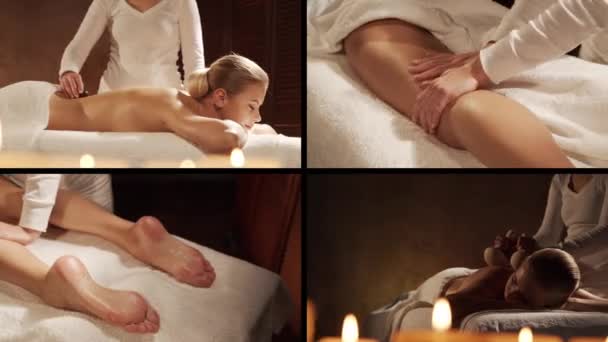Young Healthy Beautiful Woman Gets Massage Therapy Spa Salon Collage — Wideo stockowe