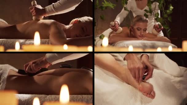 Young Healthy Beautiful Woman Gets Massage Therapy Spa Salon Collage — Wideo stockowe