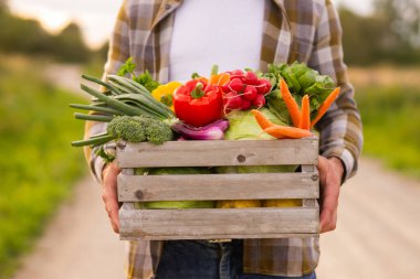 Farmer with a vegetable box in front of a sunset agricultural landscape. Man in a countryside field. The concept of country life, food production, farming and country lifestyle.