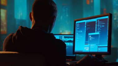 Kapüşonlu Bilgisayar Korsanı. Karanlık Surat. Hacker Attack, Virüs bulaşmış yazılım, Dark Web ve Siber Güvenlik Konsepti.