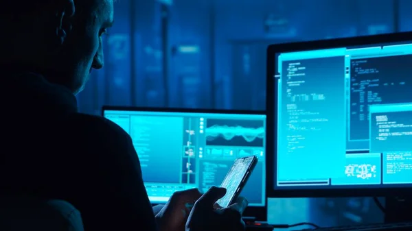 Számítógépes Hacker Hoodie Ban Elhomályosított Sötét Arc Hacker Attack Vírus — Stock Fotó