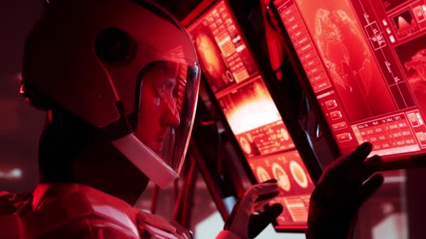 Astronaut Raumanzug Bord Der Marsstation Kosmonauten Steuern Das Raumschiff All — Stockvideo