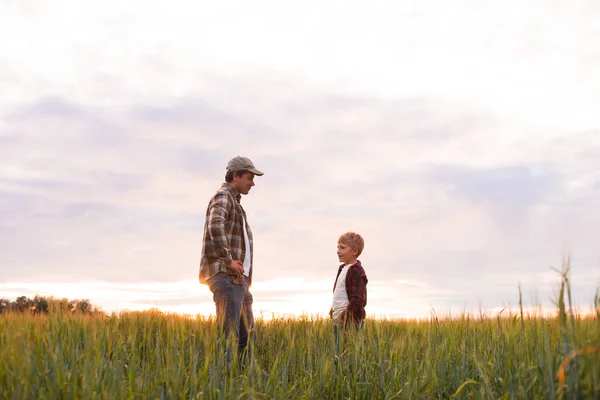 Farmer His Son Front Sunset Agricultural Landscape Man Boy Countryside — Foto Stock