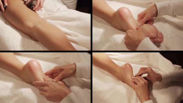 Young Healthy Beautiful Woman Gets Massage Therapy Spa Salon Collage — Stok Video