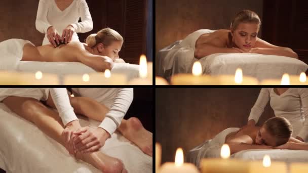 Young Healthy Beautiful Woman Gets Massage Therapy Spa Salon Collage — Vídeo de Stock